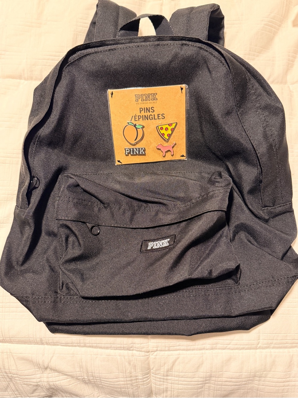 PINK Victoria's Secret Black Backpack with Patch and Front Pocket